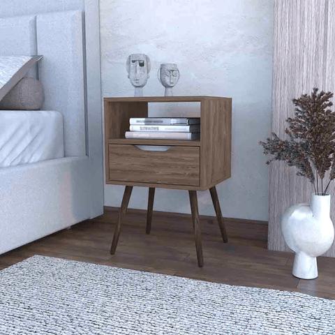 Nightstand Fugaz, Open Shelf, Single Drawer, Dark Walnut Finish - Apalipapa