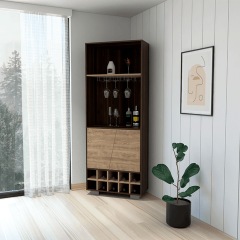 Corner Bar Cabinet Albarr, Ten Wine Cubbies, Two Shelves, Double Door - Dark Oak / Pine - Apalipapa