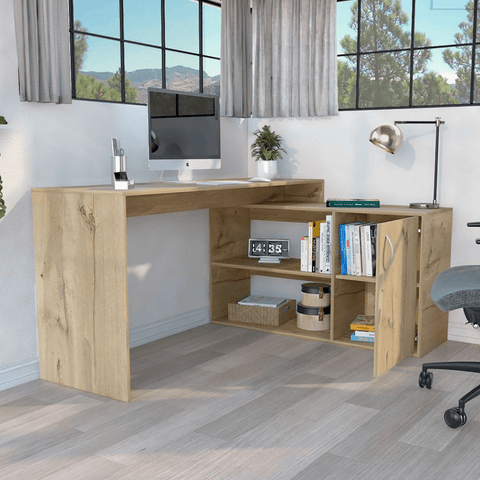 L-Shaped Desk Desti, Single Door Cabinet, Light Oak Finish - Apalipapa