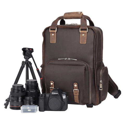 The Gaetano | Large Leather Backpack Camera Bag with Tripod Holder - Apalipapa