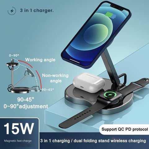 3-in-1 Folding Wireless Charger Multi-purpose 15W Fast Charging - Silver Color - Apalipapa