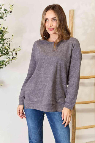 Basic Bae Round Neck Drop Shoulder Slit Sweatshirt - Apalipapa