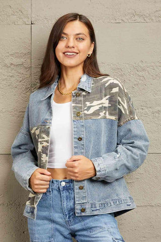 GeeGee Full Size Washed Denim Camo Contrast Jacket - Apalipapa